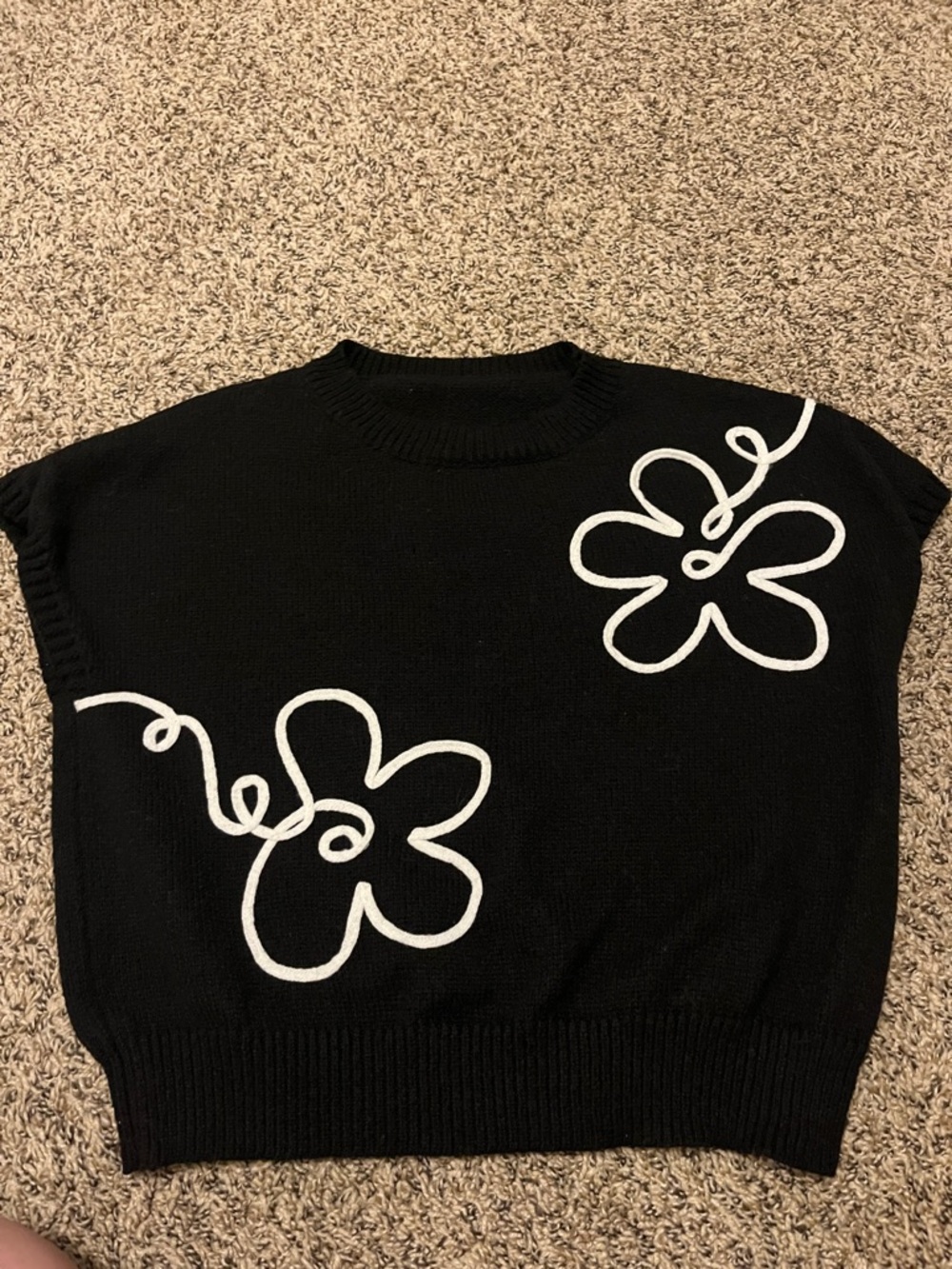 Black Sweater Top with White Floral Outline
